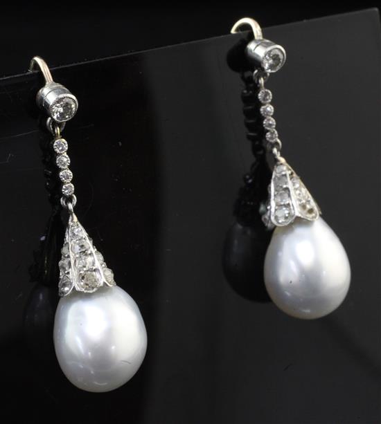 A pair of Victorian style platinum and gold, cultured baroque pearl and diamond set drop earrings, approx. 1.5in.